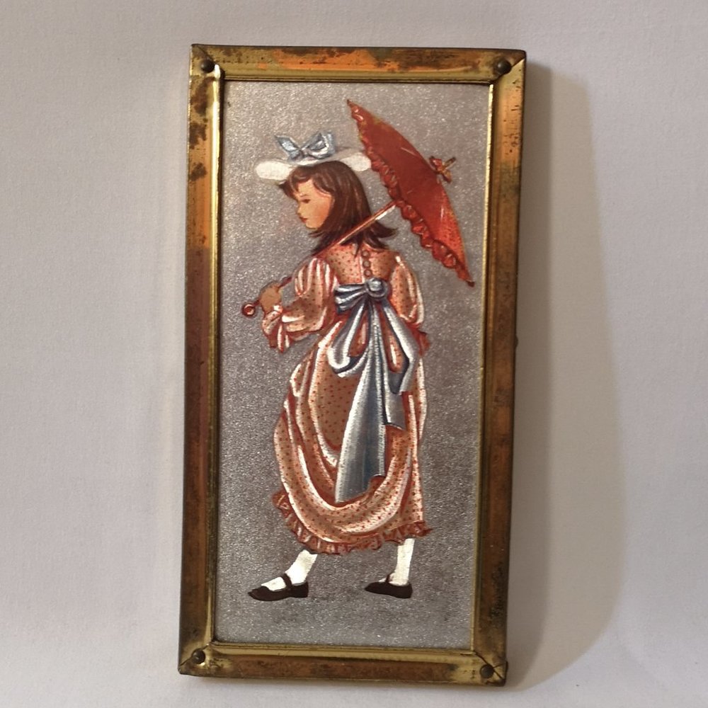 Vintage Foil Portrait in Brass Frame & Solid Wood Backing, Woman with Umbrella